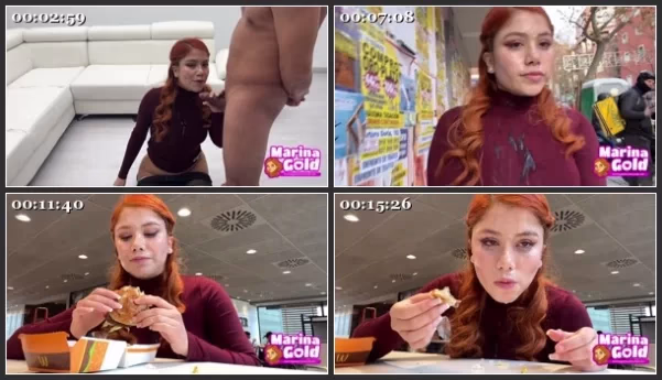 Marina Gold - Cum drenched teen eats a burguer bukkake