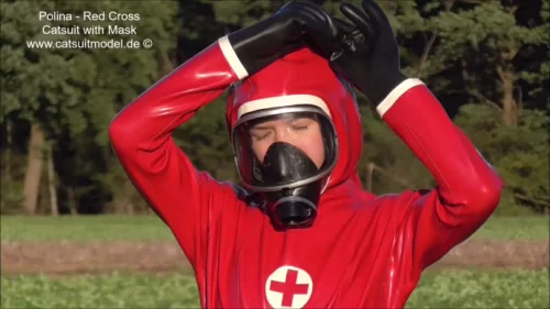 Polina - Red Cross Catsuit with Mask | Rubber Clothes Video